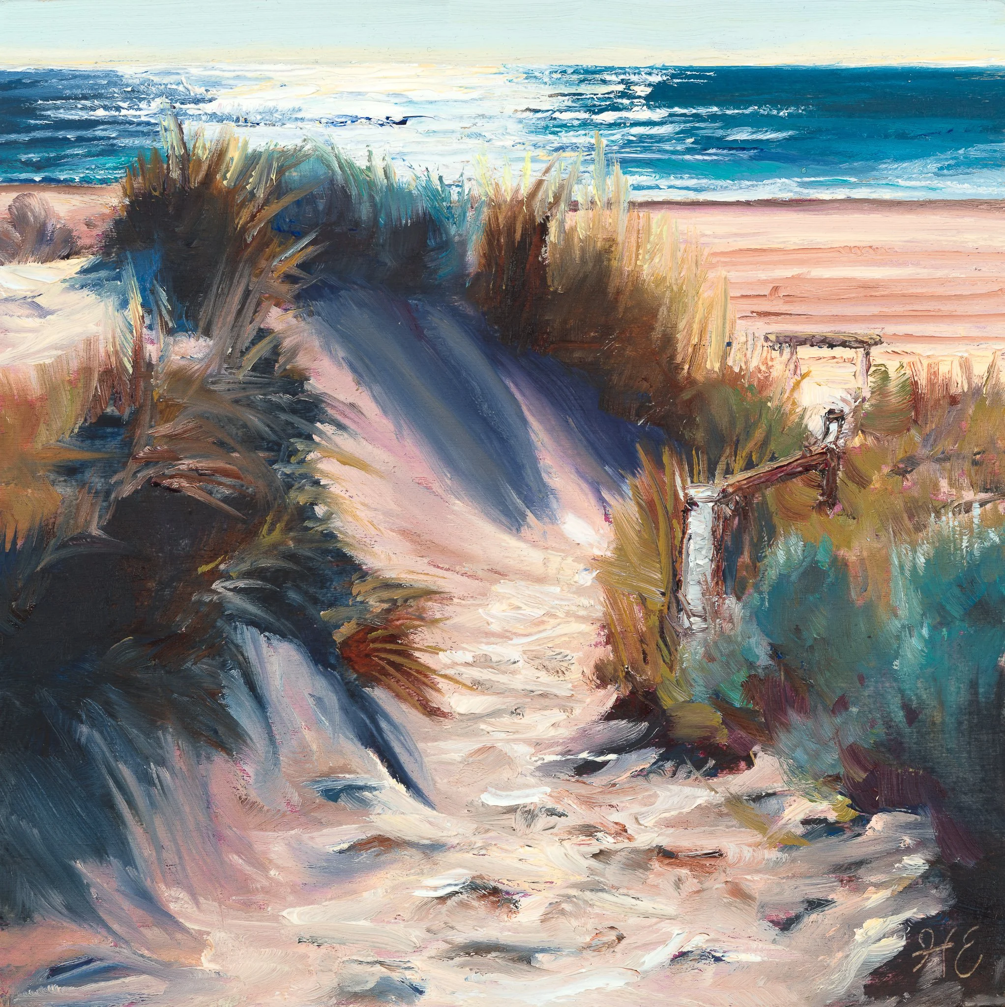 Dune Shadows coastal painting by Heidi Emma featuring a sandy path through windswept dunes leading towards the blue Western Australian ocean.