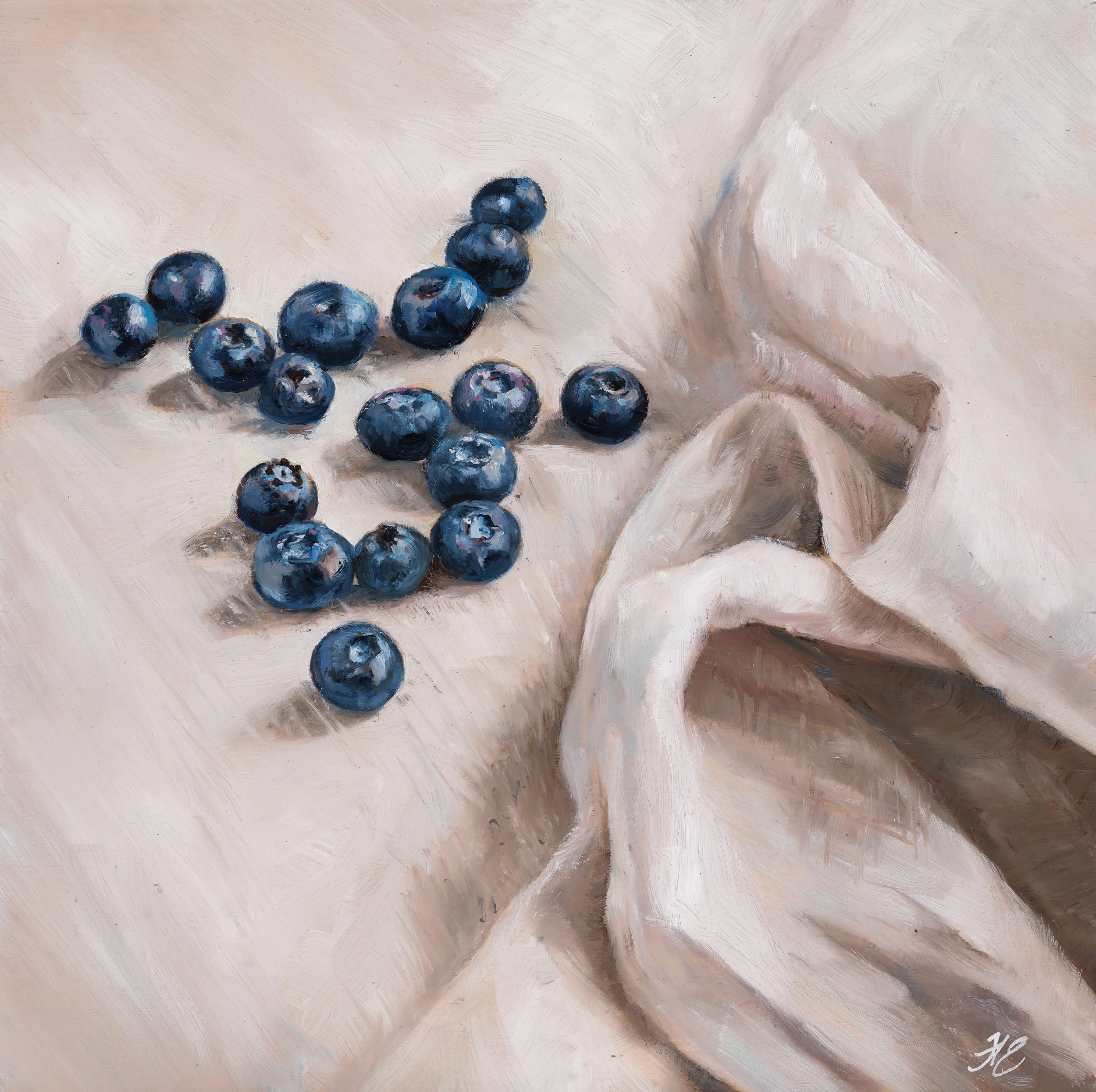 Discover Berries VIII, an original oil painting by Western Australian artist Heidi Emma, featuring scattered blueberries against softly folded neutral linen.