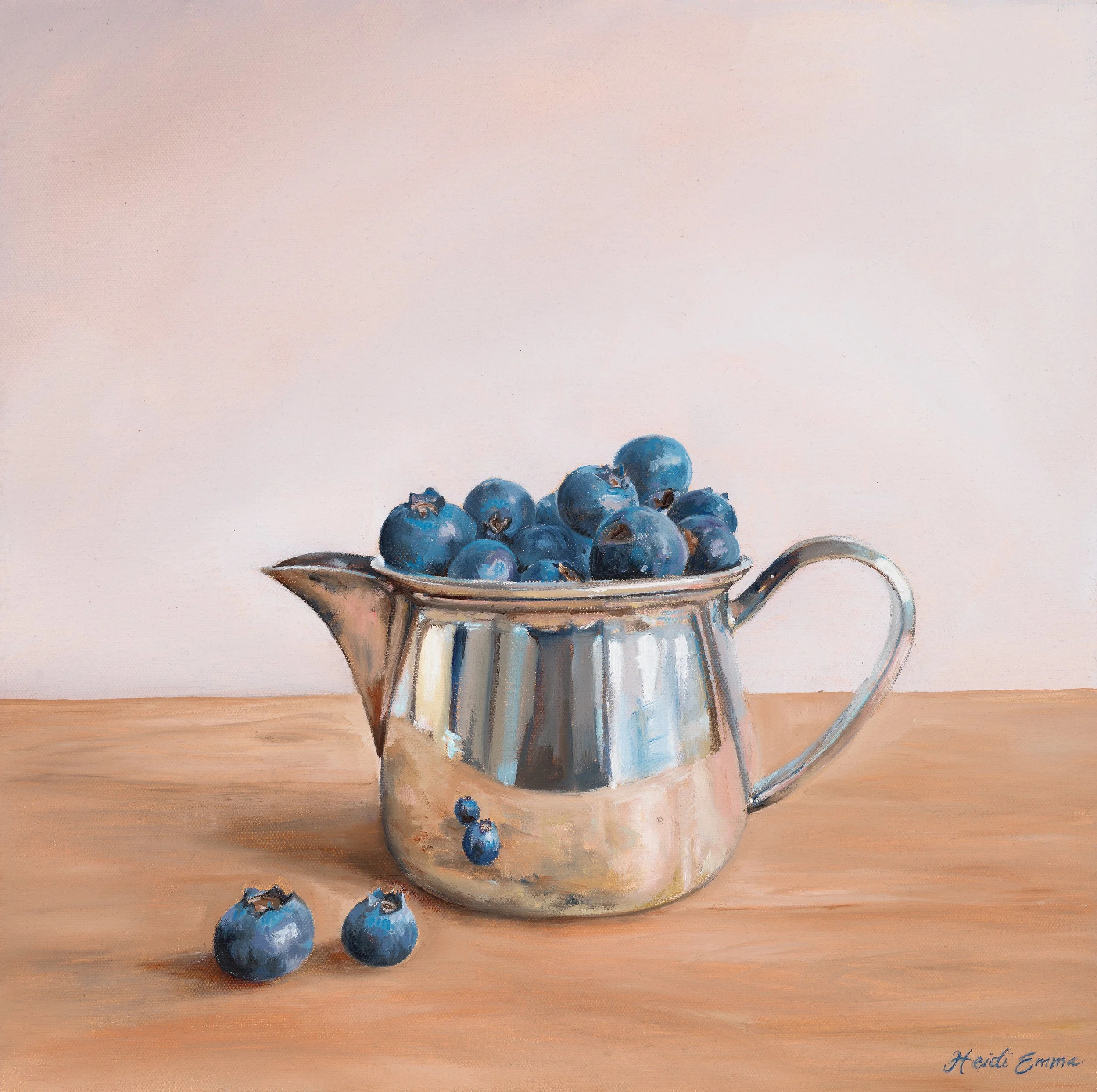 Berries IX is the 9th painting in Heidi Emma's evolving collection that explores how light interacts with berries and metal