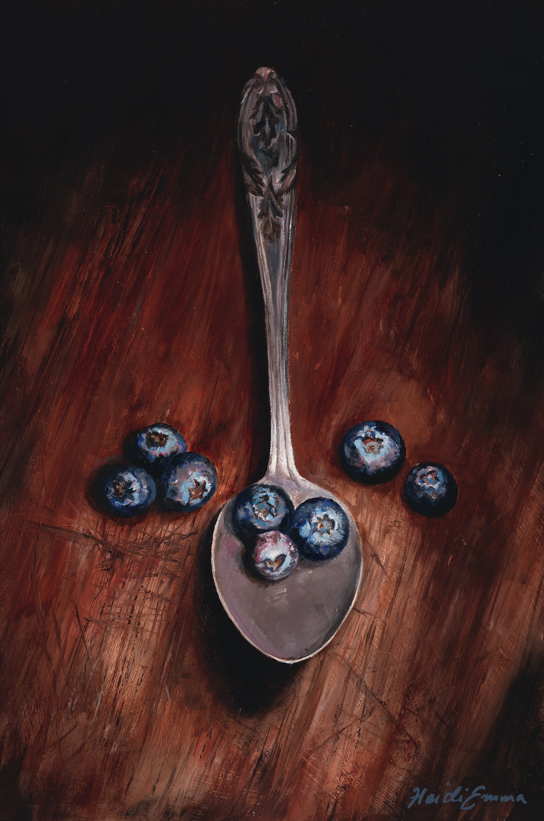 Berries II original oil painting by Heidi Emma featuring blueberries scattered around a vintage silver spoon on warm timber.
