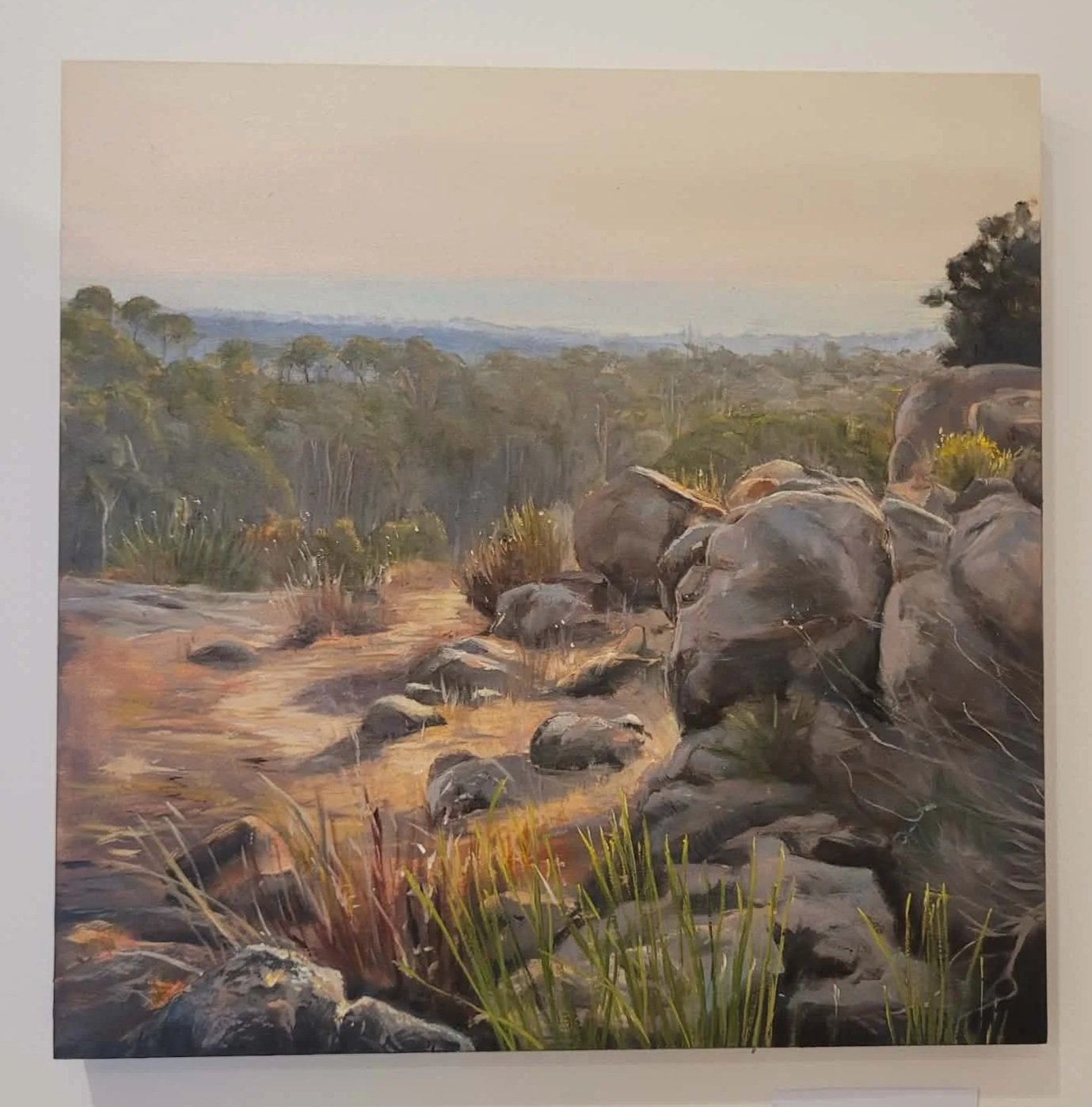 Early Morning original oil landscape painting by Heidi Emma showing Big Rock near Dunsborough overlooking bushland towards Geographe Bay.