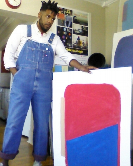 Marcus Cotten and his painting, in his apartment in Portland, 2018.