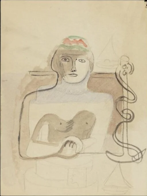 Sketch of a female figure surrounded by an anchor and boats  © The estate of Eileen Agar