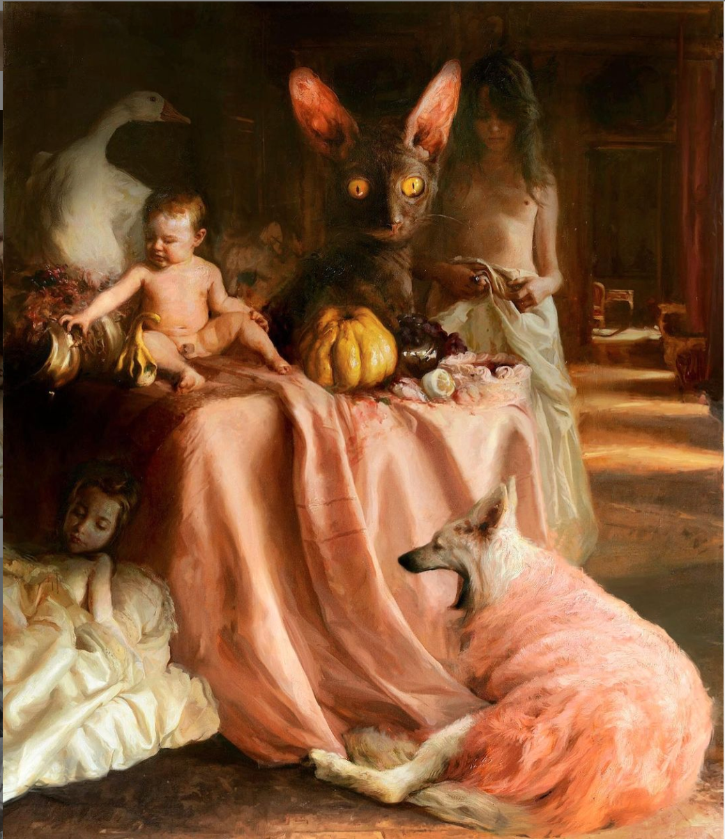 Sade and the cat (2015-16) oil on canvas, 190 x 145 cm