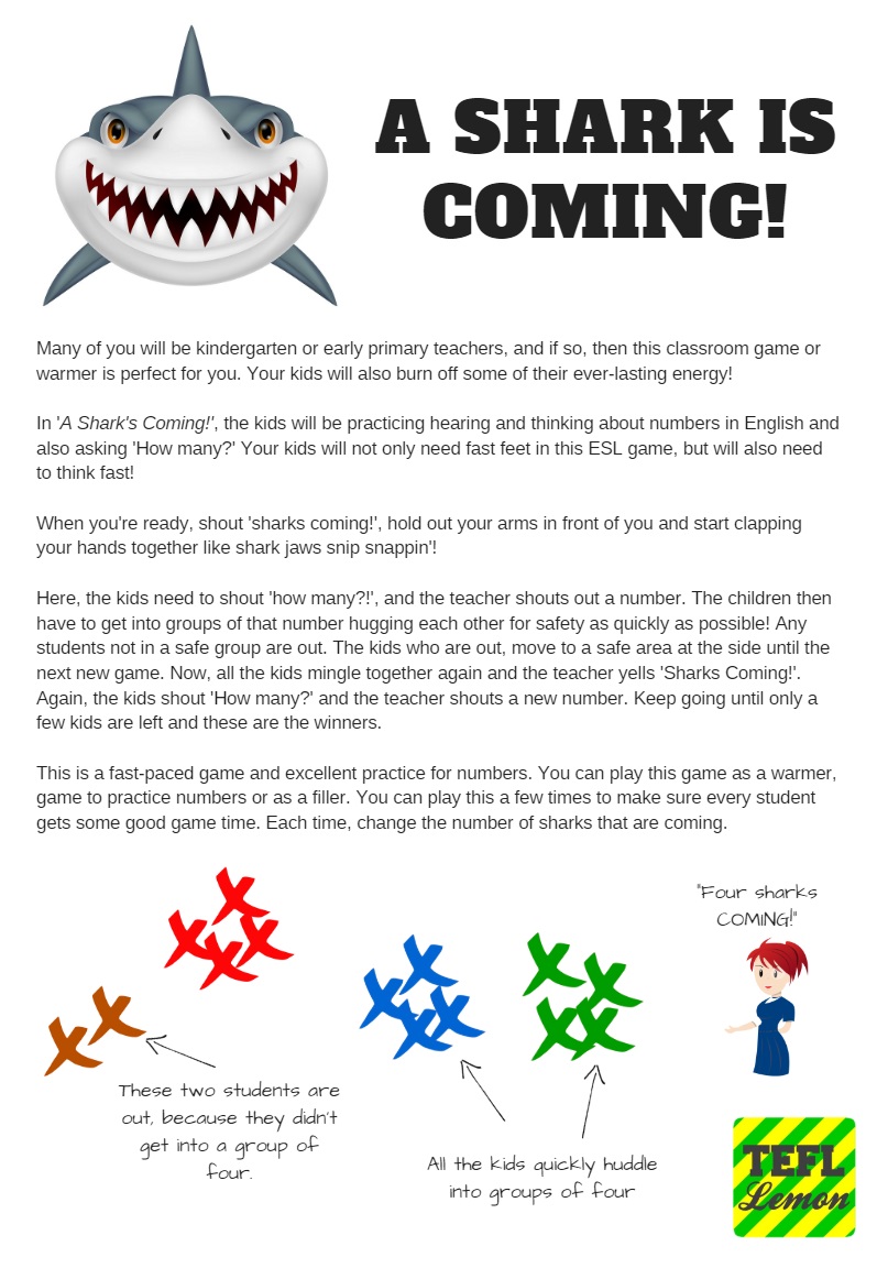 Kindergarten ESL Game: A shark is coming — TEFL Lemon: Free ESL lesson  ideas and great content for TEFL teachers