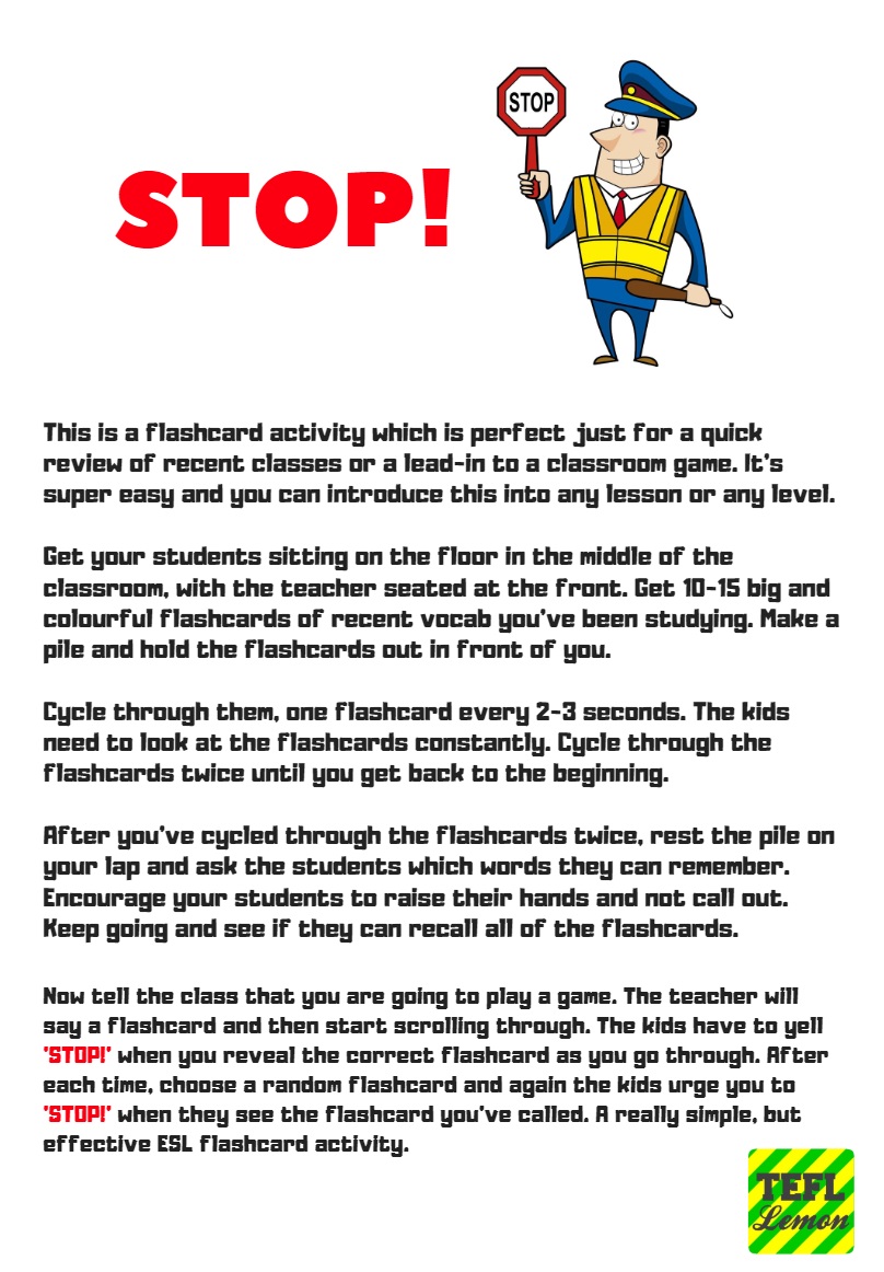 Esl Flashcard Game For Kindergarten Stop Tefl Lemon Free Esl