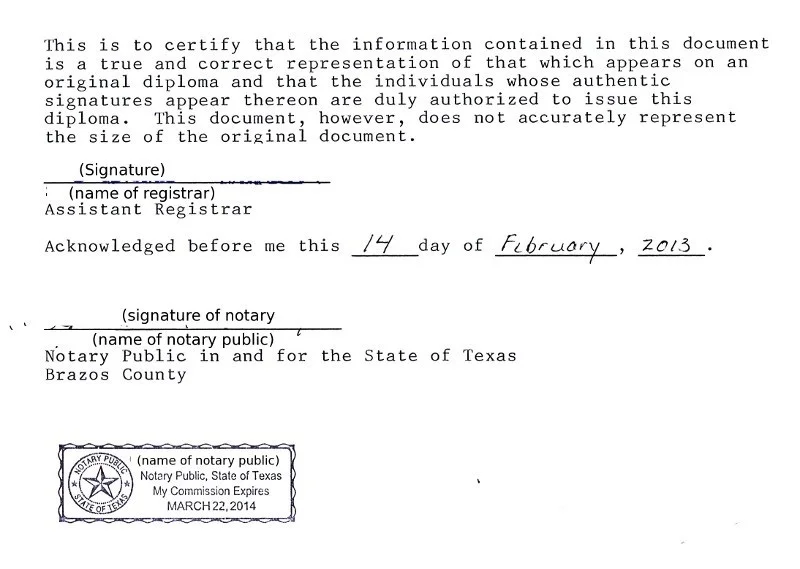 An example that gives an idea of what the university registrar notarization looks like
