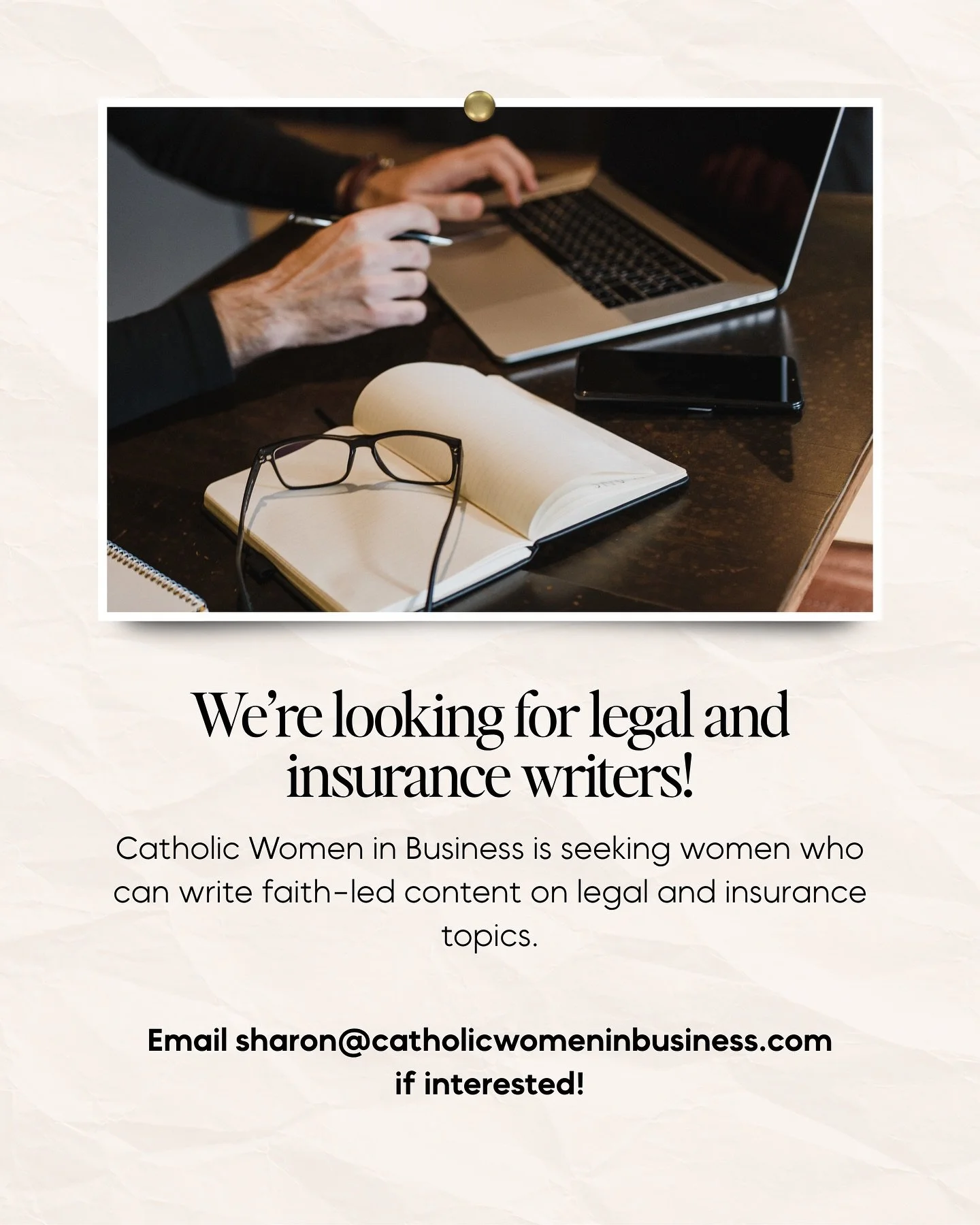 We&rsquo;re looking for legal and insurance writers! 📣

Catholic Women in Business is seeking women who can write faith-led content on legal and insurance topics.

Email sharon@catholicwomeninbusiness.com
if interested!