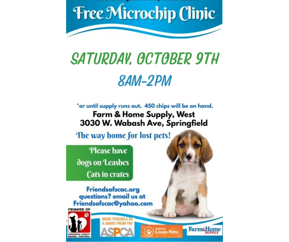 Free microchip clinic - Friends of SCAC ASPCA Subaru Loves Pets — Friends  of Sangamon County Animal Control