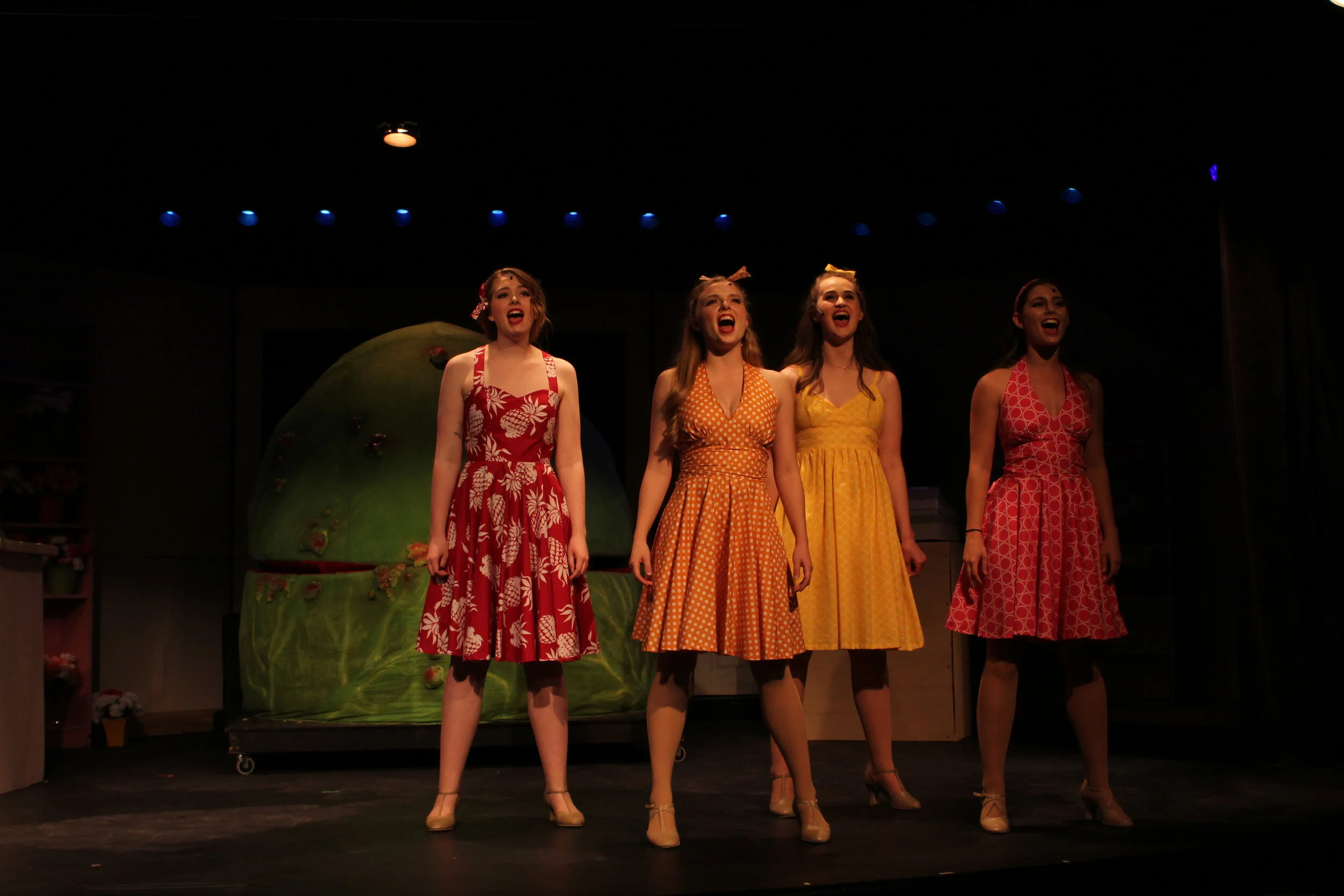  Act 2 costumes during a performance, with the largest plant puppet in the background. 