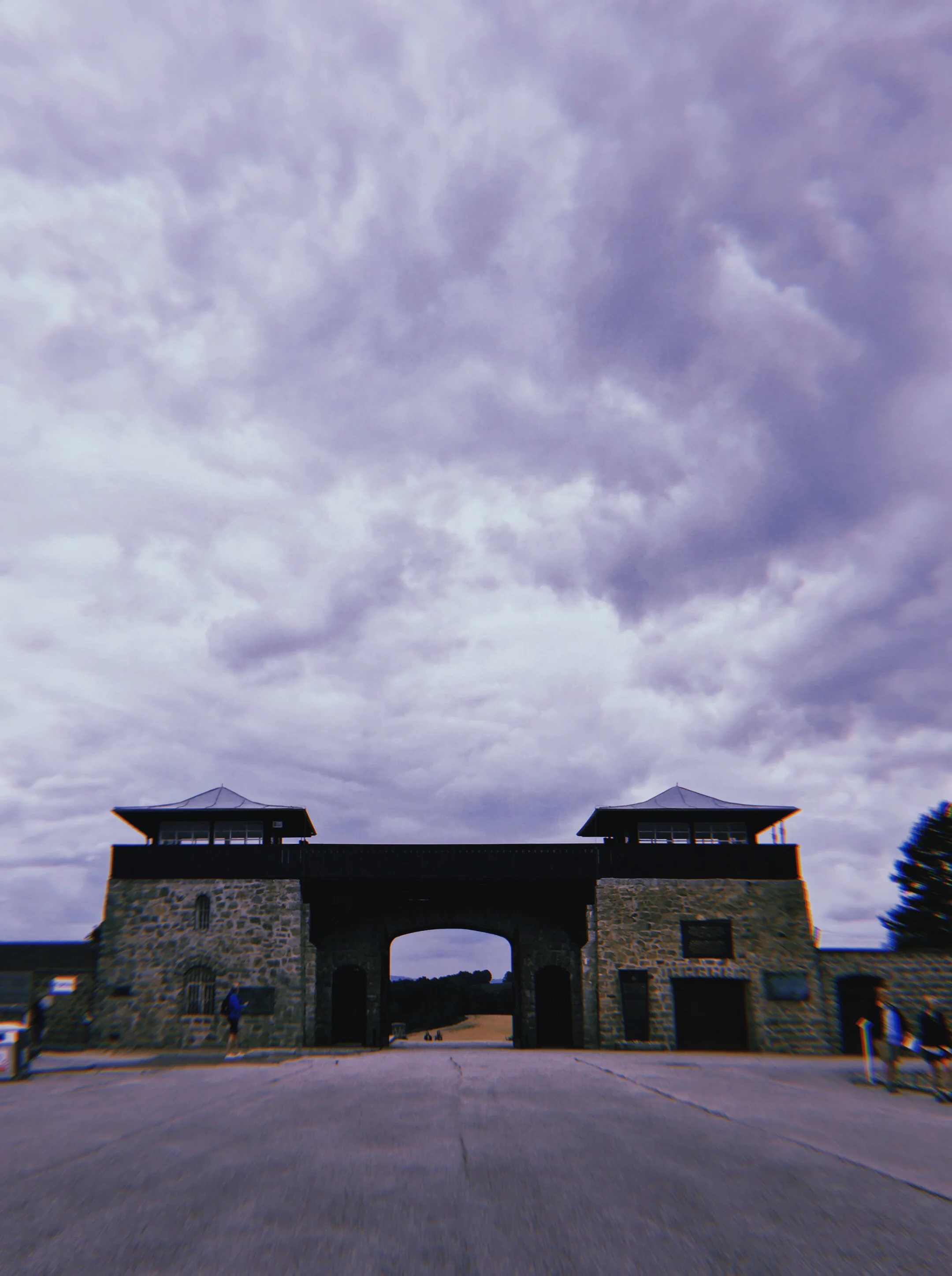 The foreboding and grim main entry gate into the Mauthausen camp.
