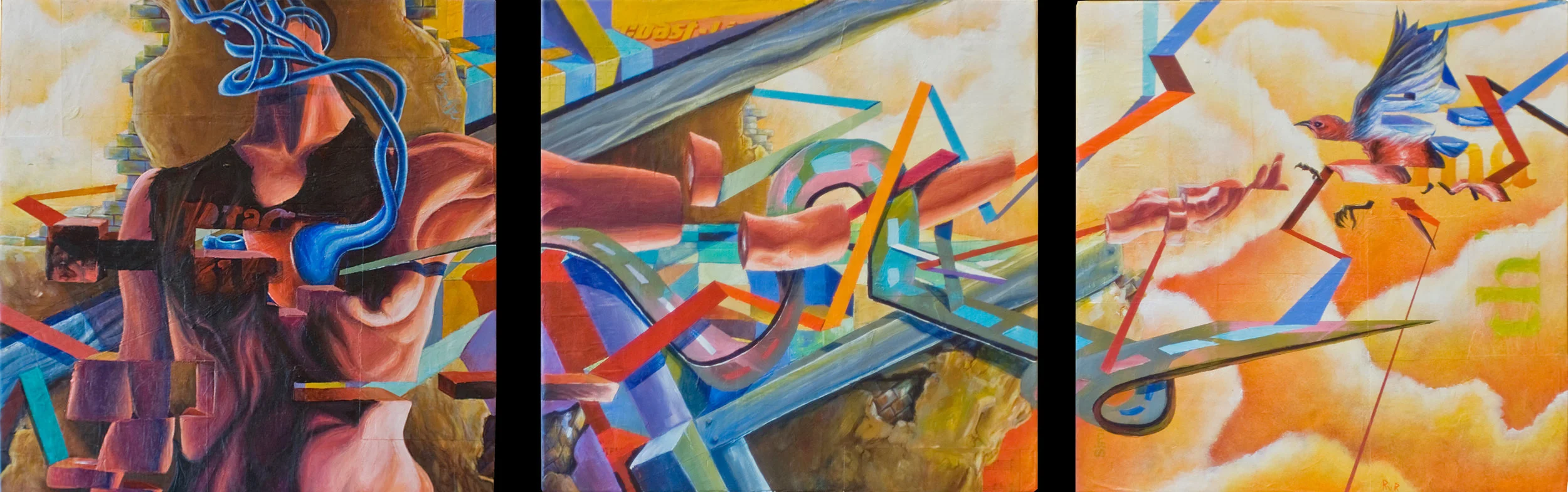 TAKE THESE BROKEN WINGS AND LEARN TO FLY 36"x12". ACRYLIC & PAPER COLLAGE ON CANVAS