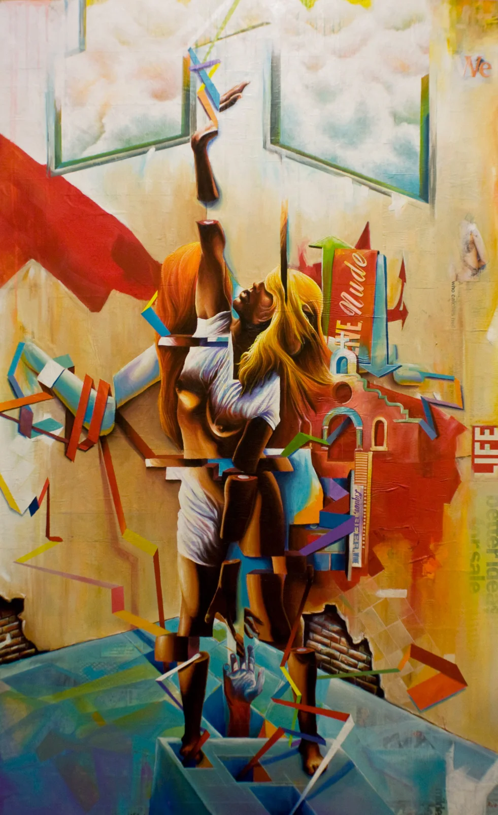 LOOKING FOR HEAVEN FOUND THE DEVIL IN ME 36"x60". ACRYLIC & PAPER COLLAGE ON CANVAS