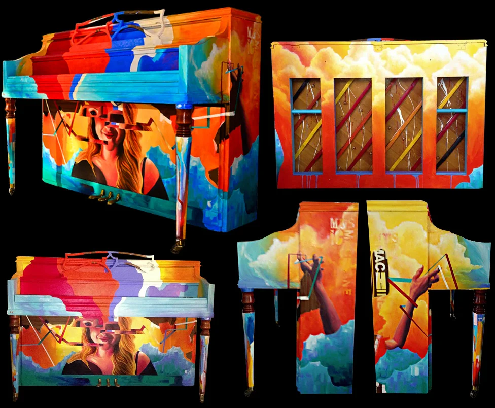 CREATURES OF MY DREAMS RAISE UP DANCE WITH ME ACRYLIC PAINT ON AN UPRIGHT PIANO (SOLD)