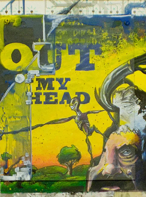 OUT OF MY HEAD8"x12". ACRYLIC, PEN &amp; INK &amp; PAPER COLLAGE ON WOOD(SOLD)