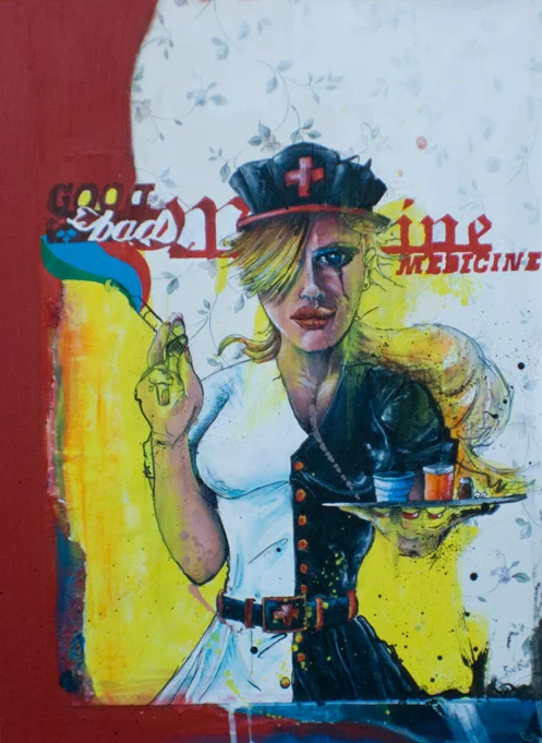 GOOD/BAD MEDICINE12"x18". ACRYLIC, PEN &amp; INK &amp; PAPER COLLAGE ON WOOD