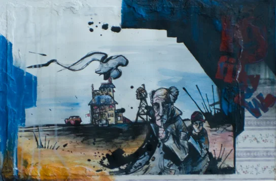 IT HAPPENED ONE NIGHT IN 196218"x12". ACRYLIC, PEN &amp; INK &amp; PAPER COLLAGE ON WOOD