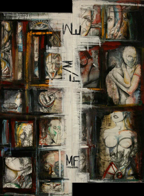 THE CYBORG SEX CYCLE 23"x29.5". 12"x18". ACRYLIC, PEN & INK, EBONY PENCIL & PAPER COLLAGE ON WOOD (SOLD)