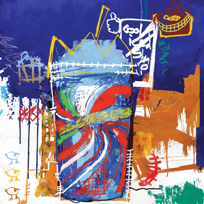 CUP OF KINGS (IN THE STYLE OF JEAN MICHEAL BASQUIAT)21"x21". DIGITAL PAINTING(SOLD - COMMISSION)