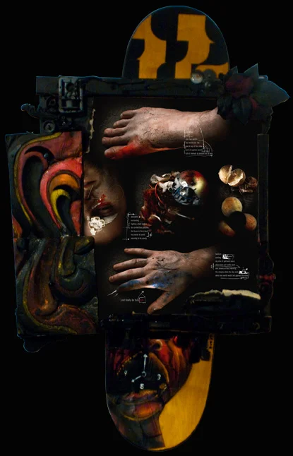 THE CYCLEACRYLIC, FOUND OBJECTS &amp; PHOTOGRAPHY ON SKATE BOARD(SOLD)POEM:PROTRACTEDTAUTOVER TWO WORLDSONE WORLD OVER MEME ON TOP OF THE OTHERBUILT OF CYPRESS WOODFULL OF ANIMALS AND PRESSED OUT TO SEAABUNDANTEXTRICATINGFIGHTING SILENT BATTLESFOR C…