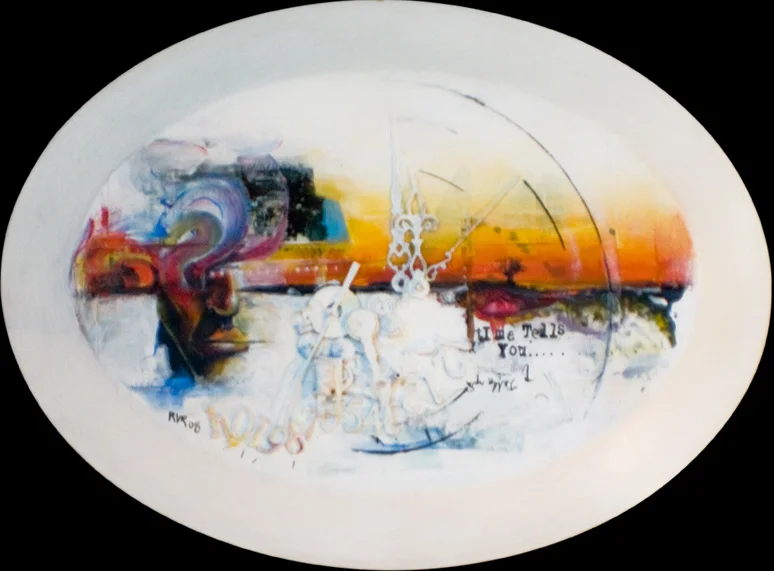 TIME TELLS YOU12"x4.5". ACRYLIC, CLOCK PARTS &amp; PAPER COLLAGE ON A PLATE(SOLD)