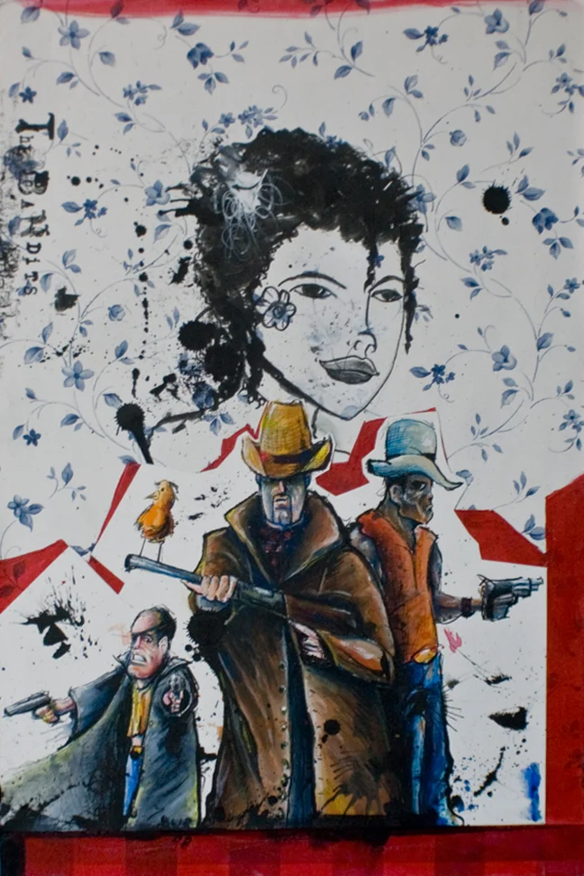 THE BANDITS: CHARLIE, PUSHER&nbsp;&amp; STUNT RESCUE ELLE MAE12"x18". ACRYLIC, PEN &amp; INK &amp; PAPER COLLAGE ON WOOD