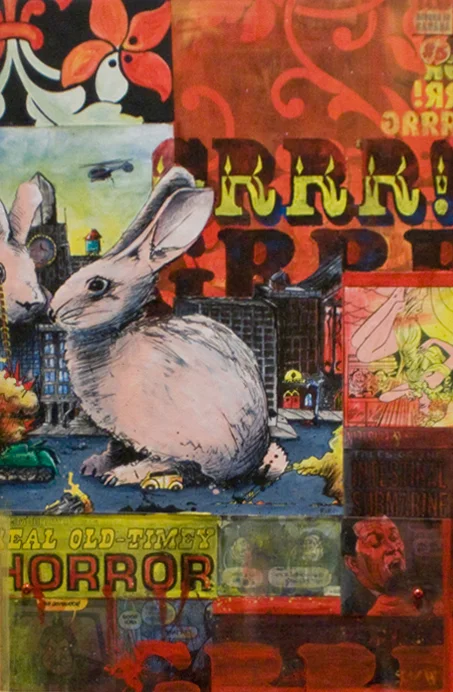 GRRR! THE PINK FUZZY BUNNY AND LIBERATION BRIGADE12"x18". ACRYLIC, PEN &amp; INK &amp; PAPER COLLAGE ON WOOD(SOLD)