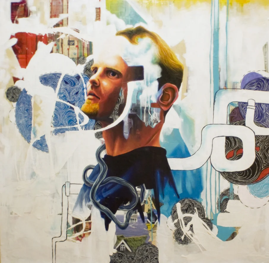 THE MÉR Að EG VAR (THE ME I WAS) 4'x4'. ACRYLIC PAINT & PAPER COLLAGE ON WOOD