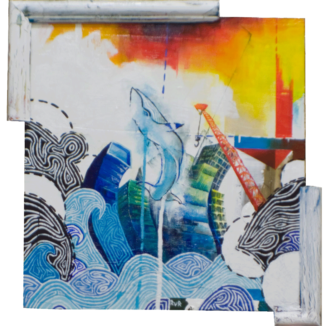 A CITY BY THE SEA13.5"x13.5". ACRYLIC PAINT &amp; PAPER COLLAGE ON WOOD(SOLD)