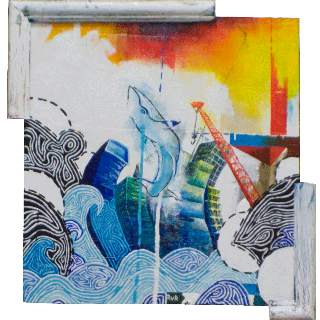 A CITY BY THE SEA 13.5"x13.5". ACRYLIC PAINT & PAPER COLLAGE ON WOOD (SOLD)