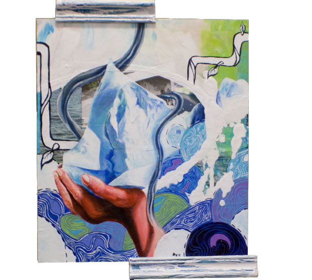 FLJÓTA (FLOAT) 13.25"x12". ACRYLIC PAINT & PAPER COLLAGE ON WOOD