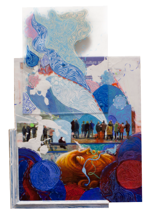 GEYSIR 18.5"x12". ACRYLIC PAINT, PAPER COLLAGE & PLEXI ON WOOD (SOLD)