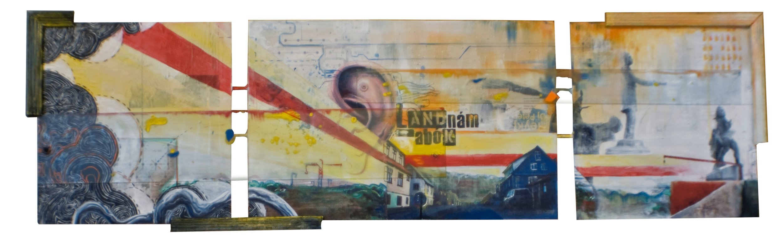 THE BOOK OF SETTLEMENT 44"x13.5". ACRYLIC PAINT, PAPER COLLAGE & PLEXI ON WOOD