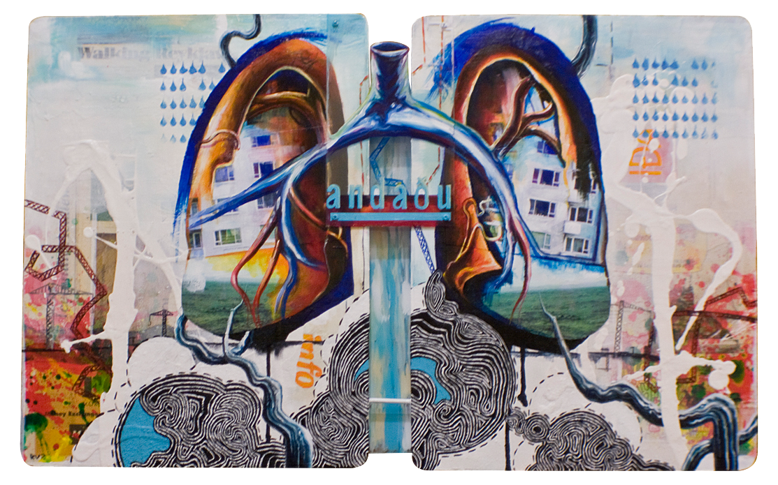 ANDAðU (BREATHE)31"x19". ACRYLIC PAINT,&nbsp; PAPER COLLAGE &amp; PLEXI ON WOOD