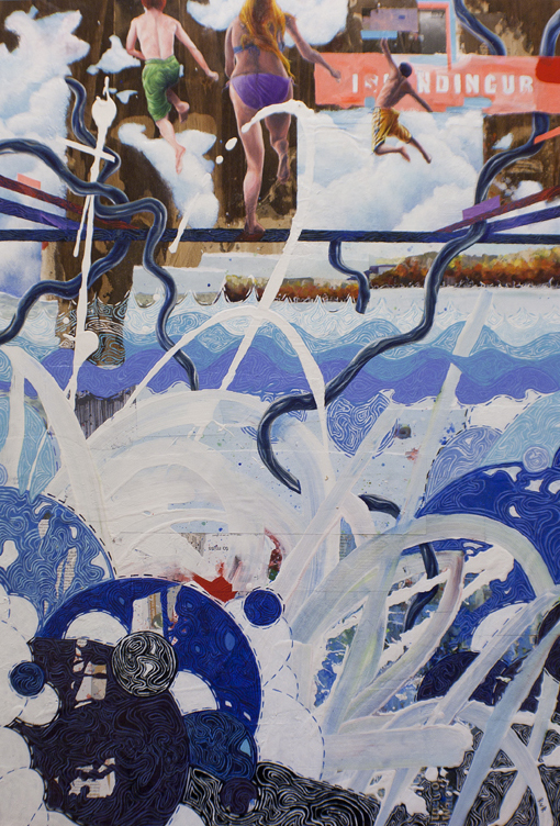 THE BLUE LAGOON36"x24". ACRYLIC PAINT &amp; PAPER COLLAGE ON WOOD