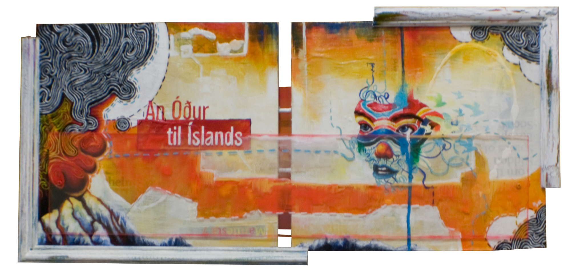 AN ODE TO ICELAND27"x13.5". ACRYLIC PAINT,&nbsp; PAPER COLLAGE &amp; PLEXI ON WOOD(SOLD)