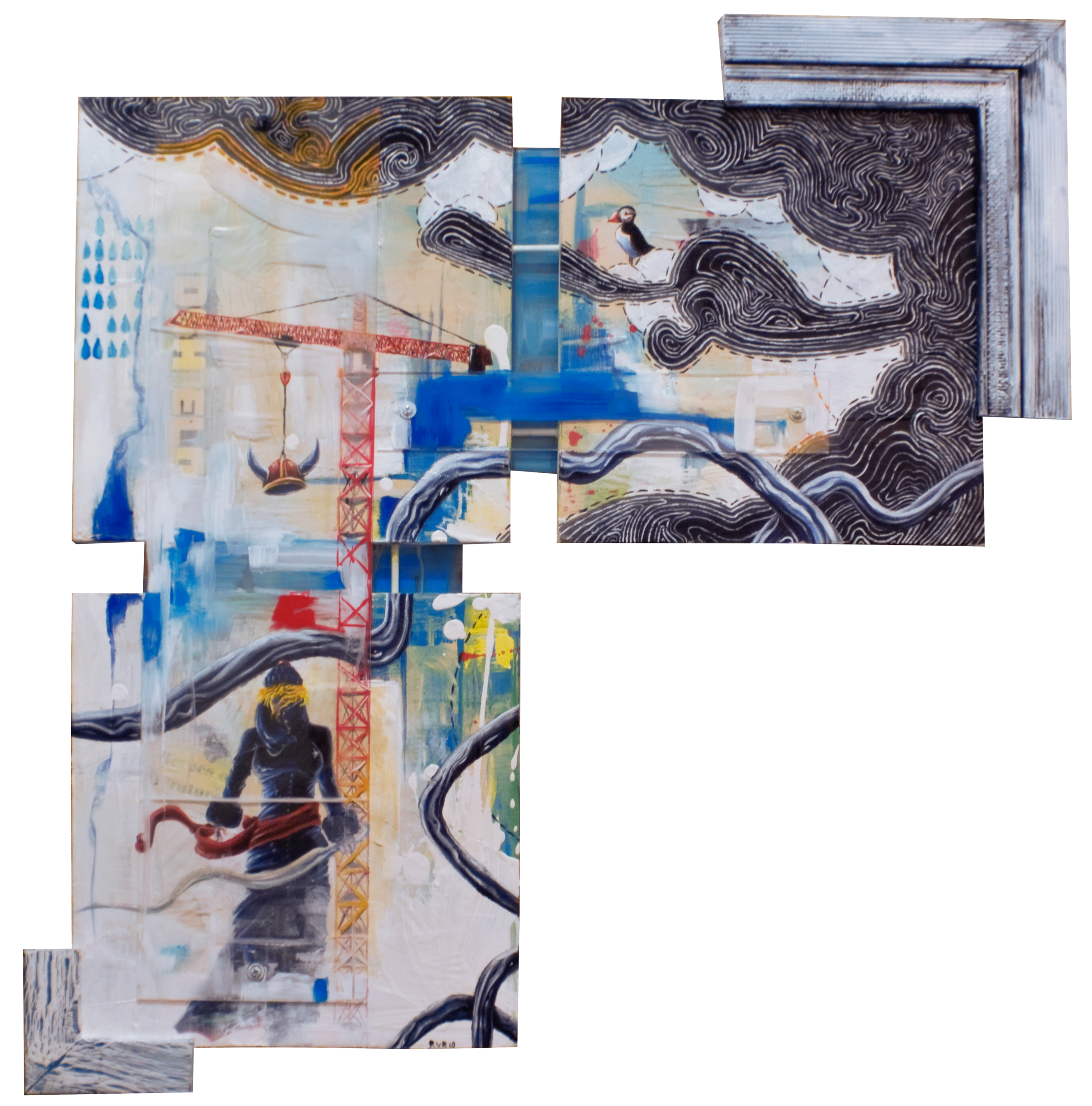 ASSEMBLING THE FUTURE FROM THE PAST27.5"x29". ACRYLIC PAINT,&nbsp; PAPER COLLAGE &amp; PLEXI ON WOOD(SOLD)