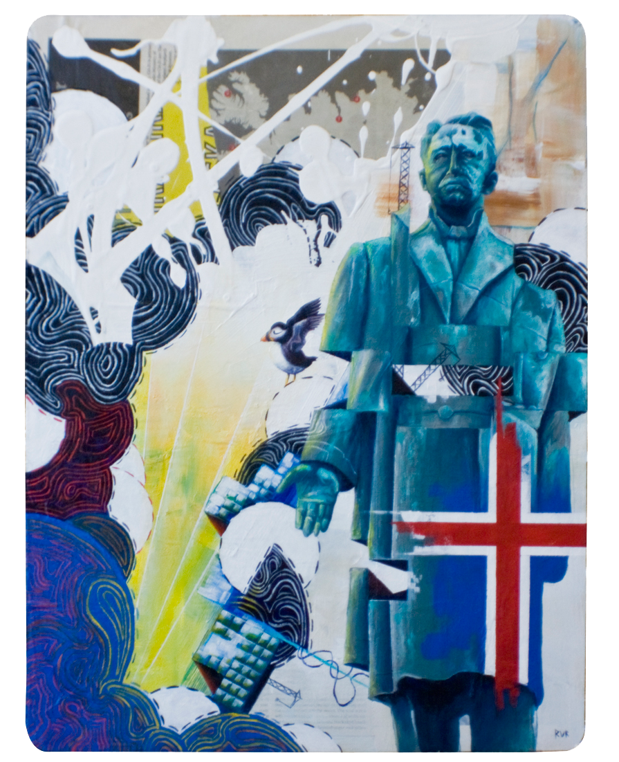HANNES ÞóRðUR PÉTURSSON HAFSTEIN 14.5"x19.25". ACRYLIC PAINT & PAPER COLLAGE ON WOOD