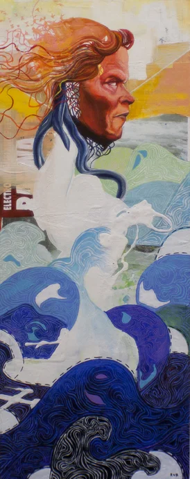 SIGRÍðUR TÓMASDÓTTIR 27"x10". ACRYLIC PAINT & PAPER COLLAGE ON WOOD (SOLD)