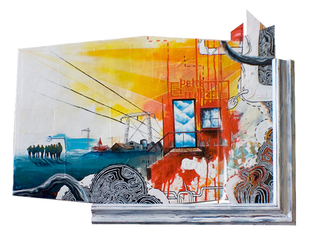 ÞETTA REDDAST (IT'LL WORK ITSELF OUT)29.5"x23". ACRYLIC PAINT,&nbsp; PAPER COLLAGE &amp; PLEXI ON WOOD