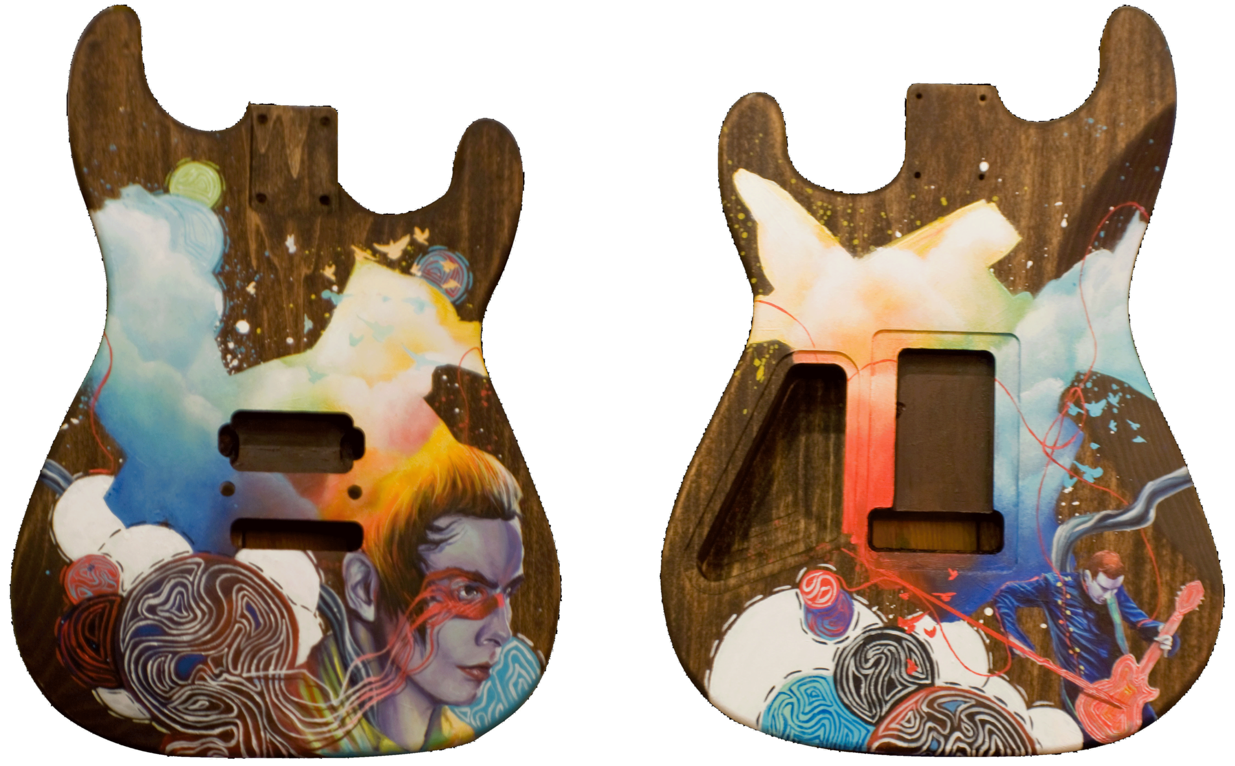 HLUSTUM Á SJÁLFA OKKUR SLÁ Í TAKT VIð TóNLISTA (LISTEN TO OURSELVES BEAT TO THE RHYTHM OF THE MUSIC)ACRYLIC PAINT ON WOOD GUITAR BODY(SOLD)