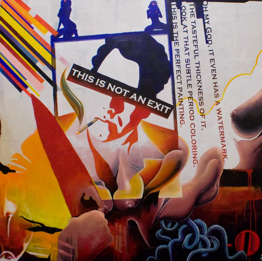 THE RULES OF BRET'S AMERICAN PSYCHO4'x4'. ACRYLIC PAINT, PAPER COLLAGE, &amp; PLEXI ON WOOD