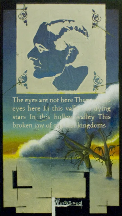 T.S. AND THE WASTLAND 6"x10.5". ACRYLIC PAINT, PAPER COLLAGE, & PLEXI ON WOOD (SOLD)