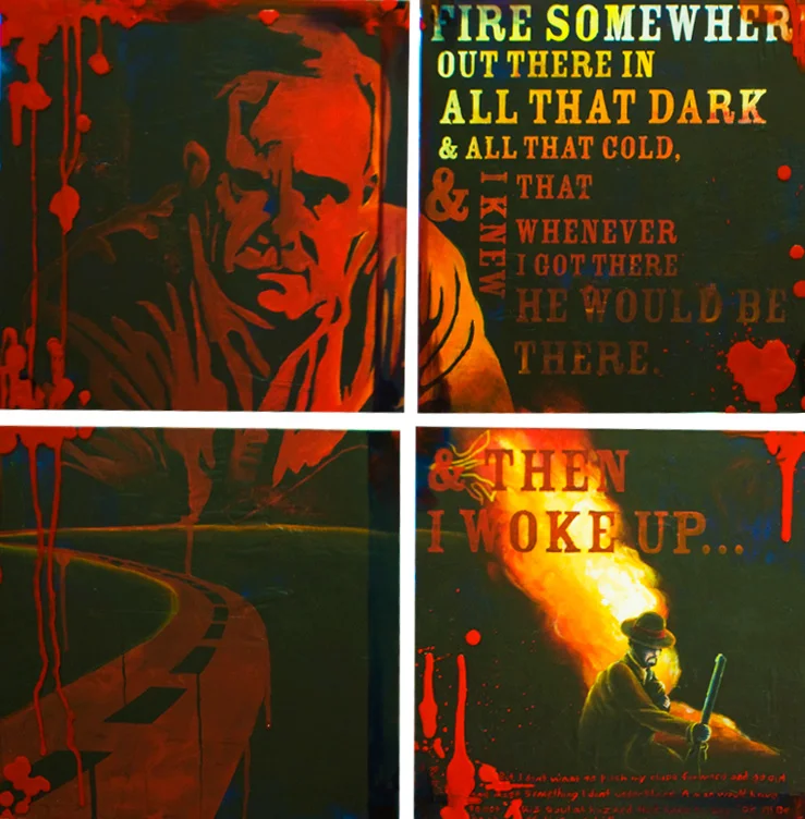 NO COUNTRY FOR OLD MCCARTHY20"x20". ACRYLIC PAINT, PAPER COLLAGE, &amp; PLEXI ON WOOD(SOLD)