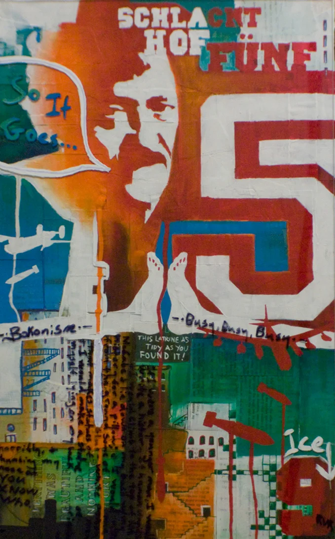 SEE THE KURT, SEE THE CRADLE 20"x15". ACRYLIC PAINT, PAPER COLLAGE, & PLEXI ON WOOD