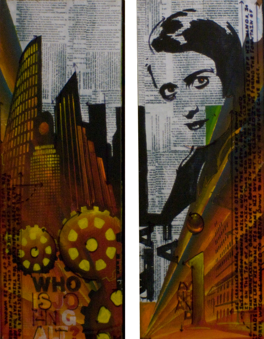 I/AYN THE LIVING; AN ANTHEM 22.5"x29.5". ACRYLIC PAINT, PAPER COLLAGE, & PLEXI ON WOOD (SOLD)