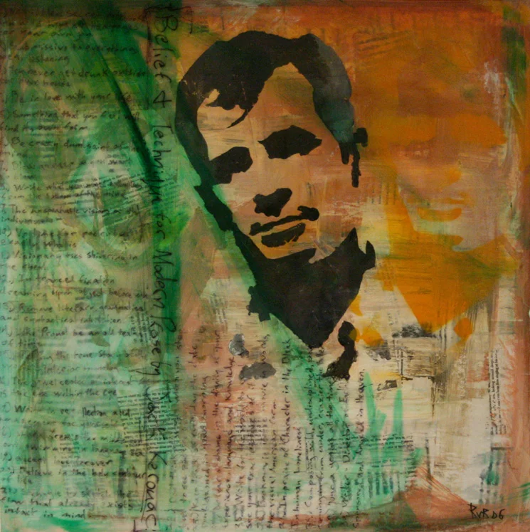 BELIEF AND TECHNIQUE IN MODERN PROSE BY JACK KEROUAC24"x24". ACRYLIC PAINT, PAPER COLLAGE, &amp; PLEXI ON WOOD(SOLD)
