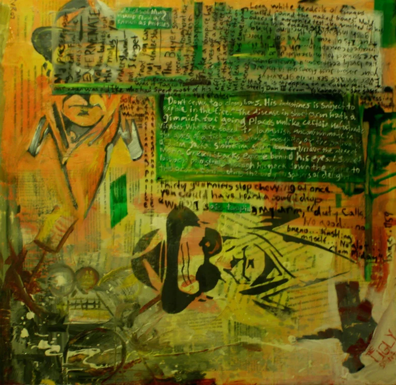 THE NAKED CUT UP APPETIZER 24"x24". ACRYLIC PAINT, PAPER COLLAGE, & PLEXI ON WOOD (SOLD)