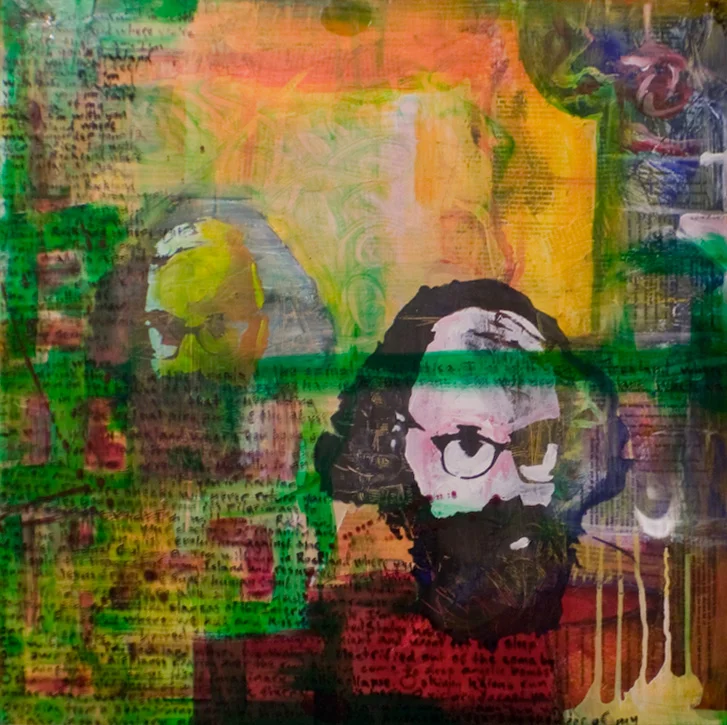 ALLEN'S KICK JUMP HOWL 24"x24". ACRYLIC PAINT, PAPER COLLAGE, & PLEXI ON WOOD (SOLD)