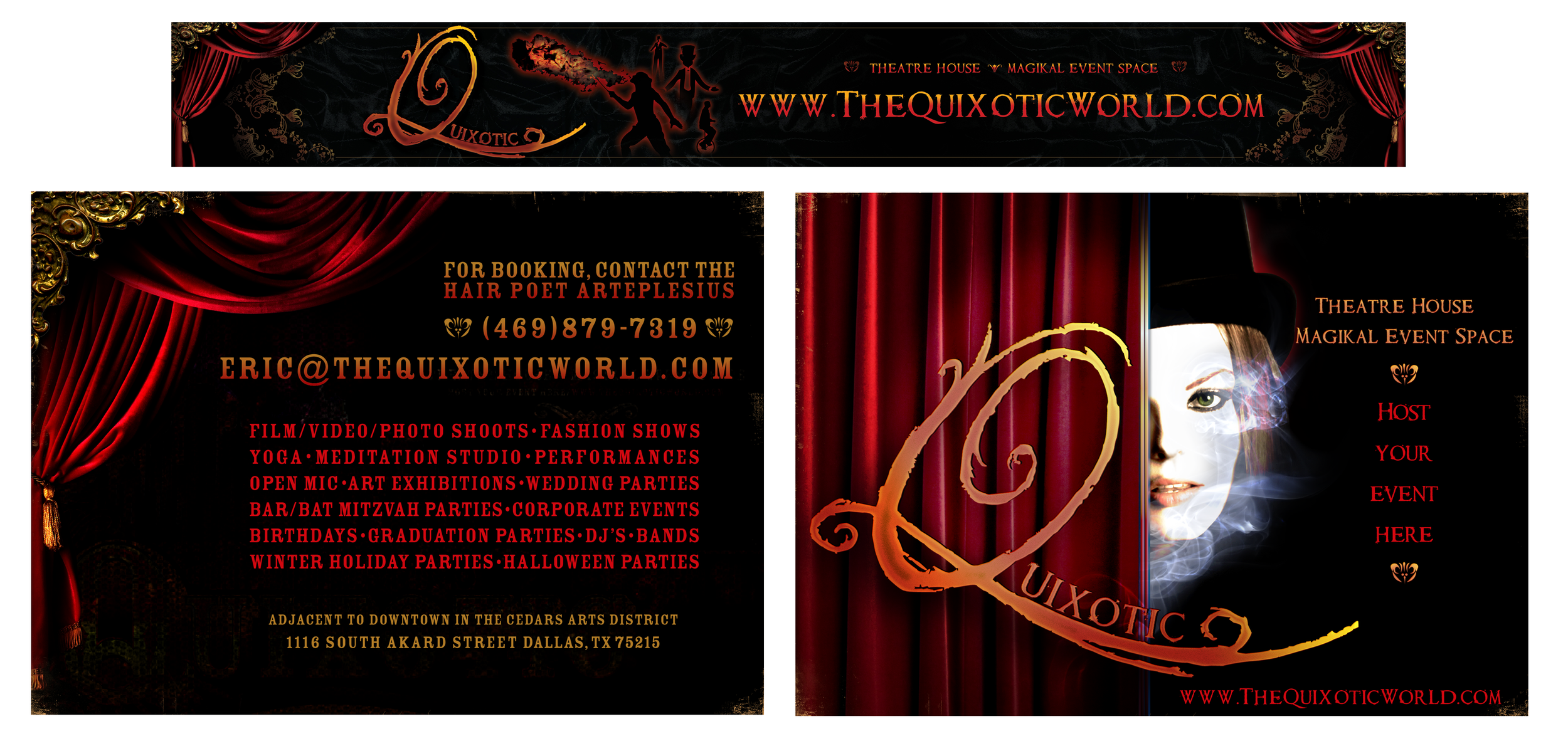 QUIXOTIC WORLD EVENT SPACE PROMOTIONAL FLYERS AND EVENT SPACE BANNER
